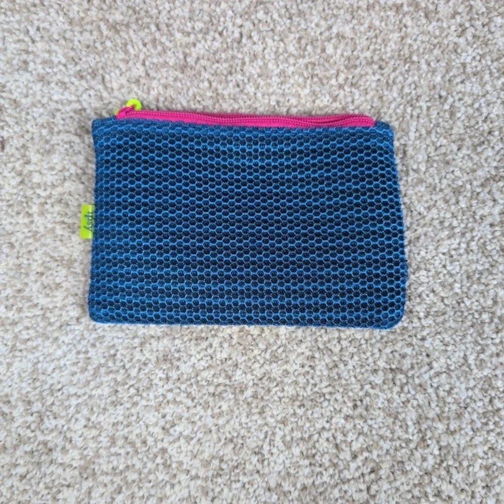 Ipsy Blue Mesh Makeup Bag Cosmetic Pouch‎ Neon Green Pink Stripe Zipper